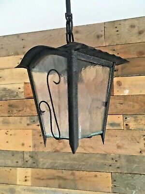 Antique French Art Nouveau Iron & Glass Hanging Porch Lantern Lamp Light Gothic 3