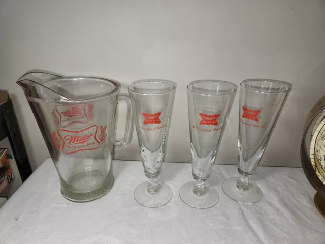 Vintage Miller High Life Beer Pitcher and Three Pilsner Glasses