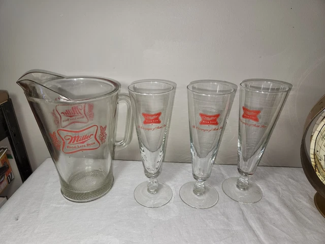 Vintage Miller High Life Beer Pitcher and Three Pilsner Glasses