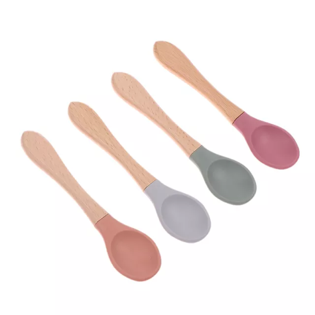 Baby Wooden Spoon Silicone Wooden Baby Feeding Spoon Soft Tip Spoon For Toddl^.^