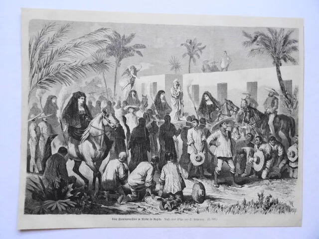 Eine Frauenprozession zu Pferde in Mexiko. Skizze H. Fritzmann, Holzstich 1873