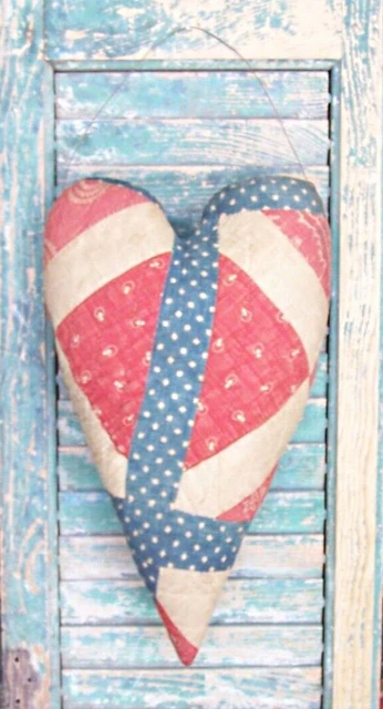 Primitive Hanging Heart Antique Quilt Americana Decor Red White Blue - HANDMADE