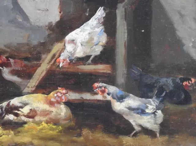 LOW COURT CHICKEN ROOSTER oil on panel unsigned late 19th painting old vintage 3