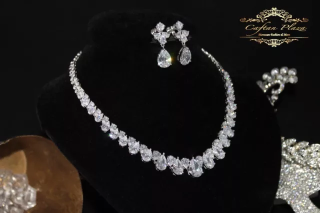 2 Pièces Zircon AAA+ Set de Bijoux Collier Boucles D'Oreilles Mariée Argent