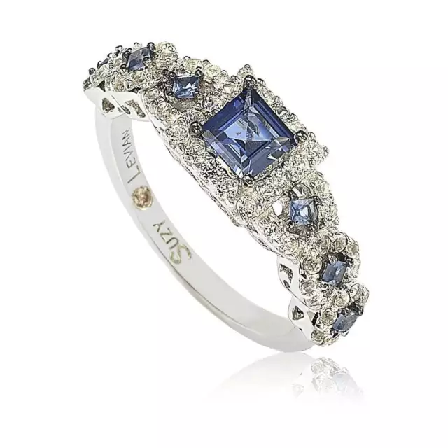 Suzy Levian Sterling Silver Asscher Cut Sapphire Diamond Accent Engagement Ring