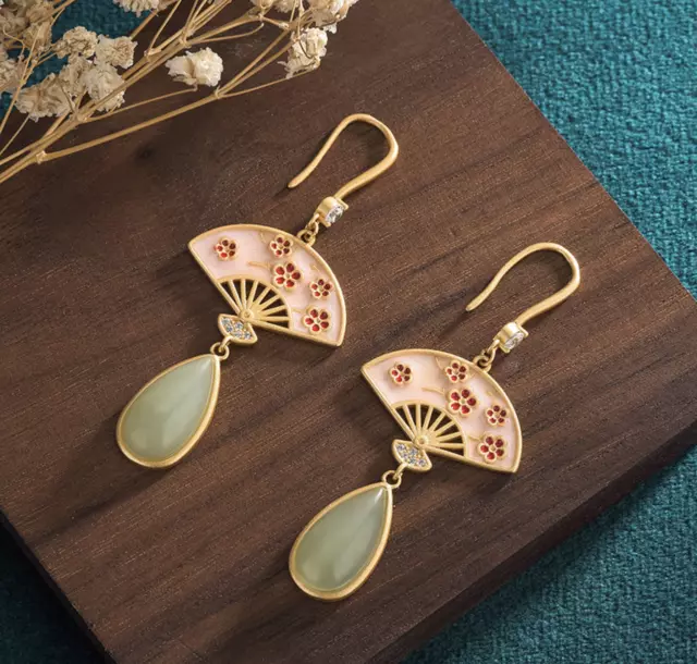 Jade Drop Dangle Earrings Boho Ethnic Fan Ear Hook 18K Gold Plated Gemstone