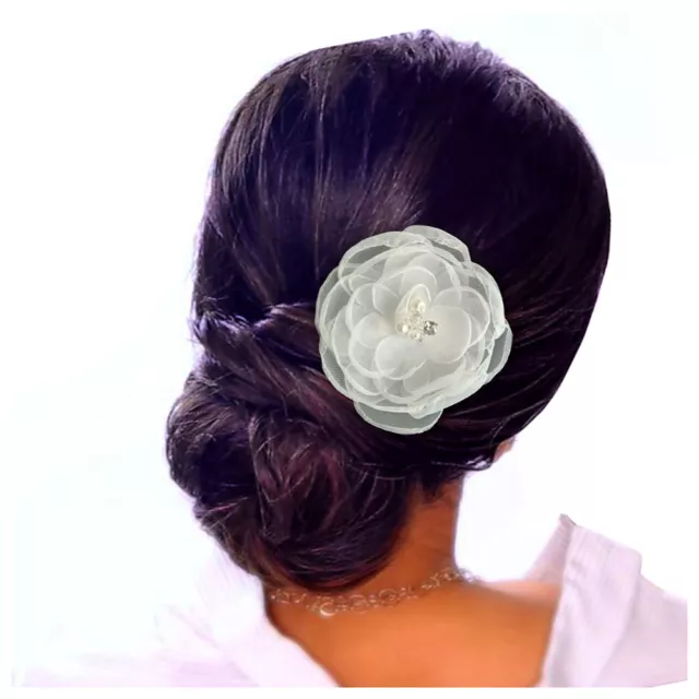 Pince à cheveux bibi mariage cérémonie organza fleur plate blanche taille L