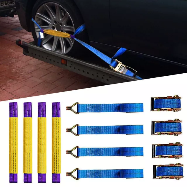 4PCS Blue - Car Trailer Soft Link Tie Down Transporter Heavy Duty Ratchet Straps