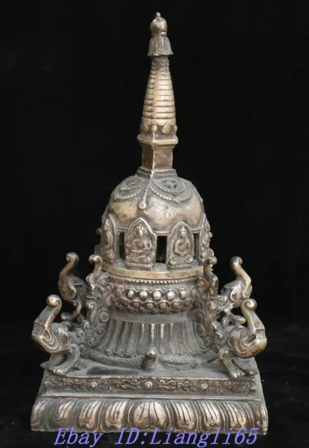 22,9 cm tibetische alte silberne Elefant-Buddha-Pagoden-Turm-Räuchergefäß-Statue