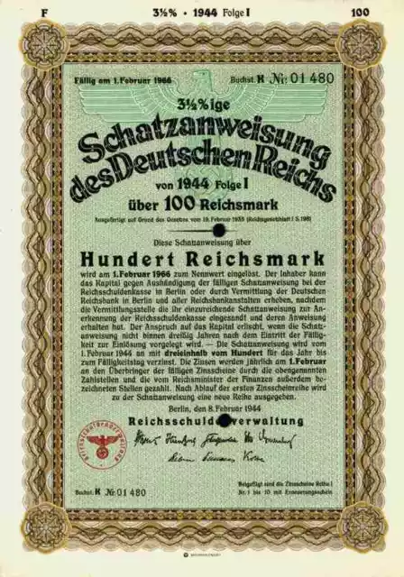 DEUTSCHES Reich Schatzanweisung 1944 Berlin Adler 100 RM Schultzenstein Kupons