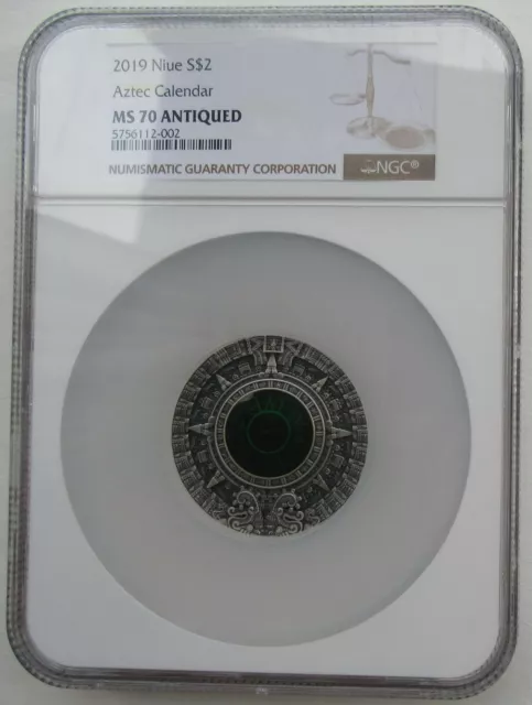 NGC MS70 Niue 2019 Aztec Calendar Relief Antiqued Silver Coin 2oz Box
