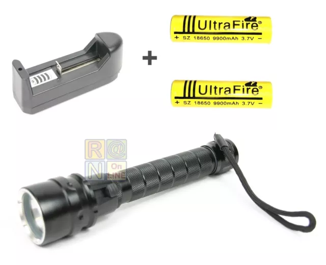 Torcia Immersione Sub Pesca Led 5000 Lumens Caricabatterie 2 Batterie Ricaricabi