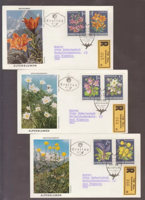 3 schöne Österreichische Reco- Ersttagbriefe , mit Satz: Alpenflora, alle gel.