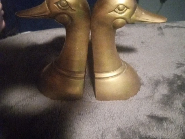 Vintage Pair Brass Mallard Duck Head Bookends Heavy 6.75" Tall Mid Century