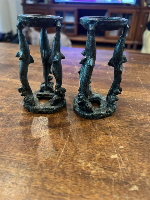Set of Vintage Cast Iron Dolphin Candle Stick Holders 4”