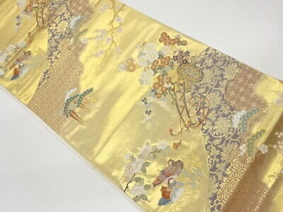 6297232: Japanese Kimono / Vintage Fukuro Obi / Gold / Woven Mandarin Duck & Flo