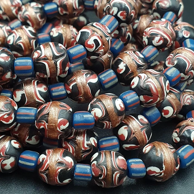AA Vintage Aventurine Millefiori Black Fancy Feather glass beads 10mm 24"