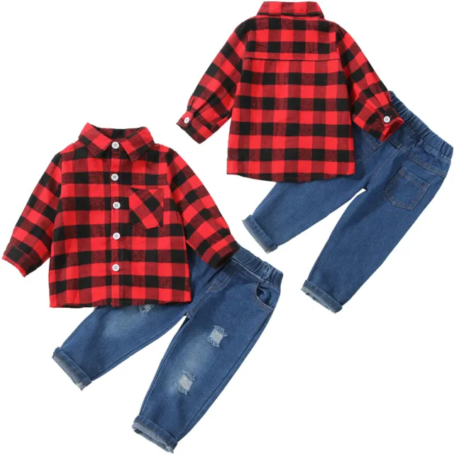 Kid Boys Stylish Daily Outfit Set Plaid Shirt Elastic Waist Ripped Jeans Clothes