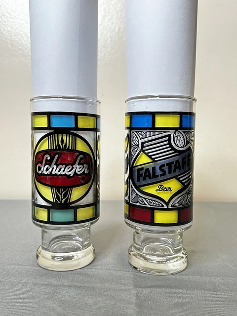 SET OF 2 VTG 70's Schaefer & Falstaff Beer Stained Glass Style Pedestal Glasses