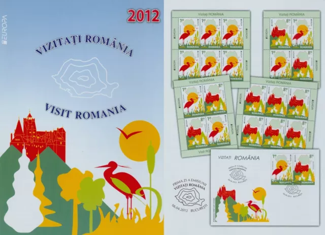 Rumänien 2012 EUROPA:Besuche,Reiher,Donaudelta Mi.6617-18,KB,Block 529 I+II,FDC