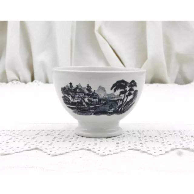 Antique French Transferware White Pottery Coffee Bowl Dark Blue Oriental Scene