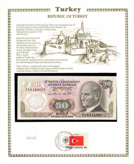 Turkey Banknote 50 Lira 1970 UNC P-188 UN FDI FLAG STAMP Birthday F19 119852