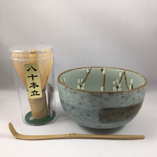 Japanese Ume Flower Matcha Cup Bowl w/ Bamboo Scoop & 80 Whisk Tea Ceremony Set