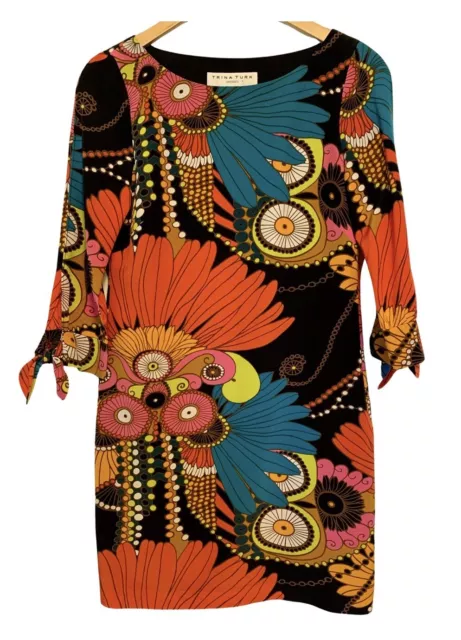 Trina Turk Tropical Floral Boho Hippie 1/2 Sleeve Mini Dress Women's Size Medium