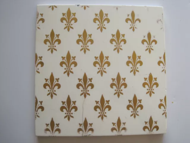 Antique Victorian Minton Hollins 8" Sq.  Gothic Gilt On White Fleur De Lis Tile