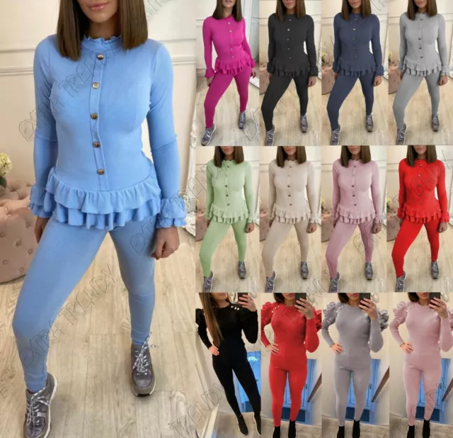 Womens Gold Button Loungewear Suit Ladies Frill Peplum Ribbed Knit Tracksuit Set