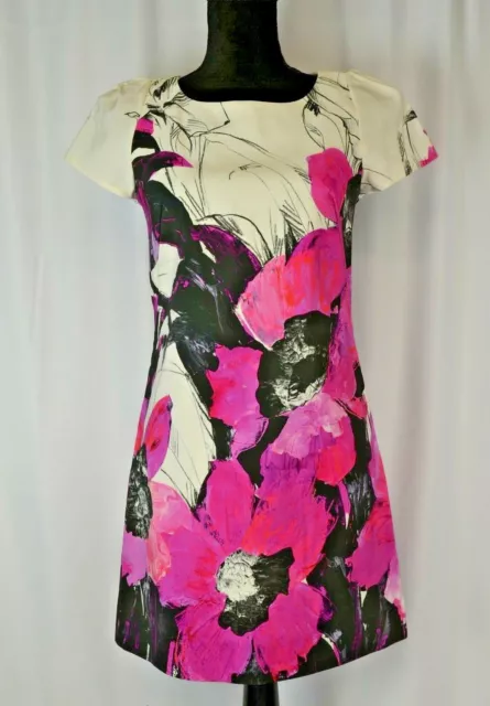 Milly Dress Sz 2 Floral A-Line Colorful Pink Black USA Cotton Blend Short Sleeve