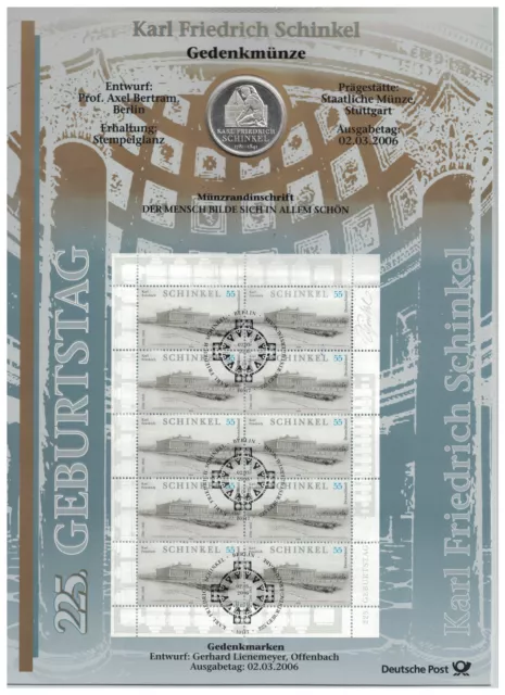 Numisblatt 10 Euro 2006/2 225. Geburtstag Karl Friedrich Schinkel wie verausgabt