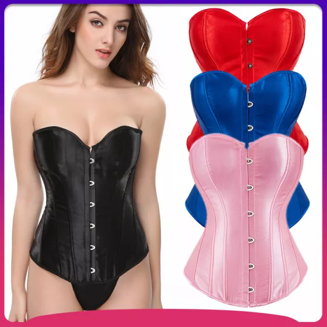 Sexy Satin Overbust Corset Women Bustier Slimming Plus Size Lace Up Lingerie Top