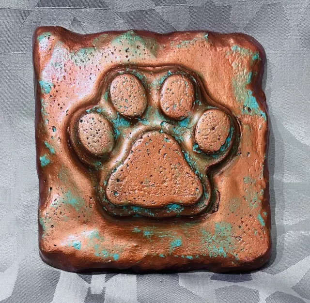 Concrete Paw Print Dog Cat Garden Pet Memorial Plaque Tile Copper Patina Green