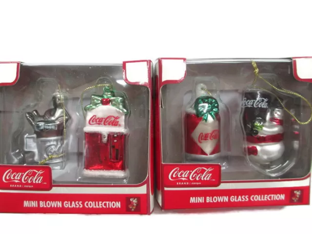 Coca-Cola Ornaments Mini Blown Glass Vending Machine Seal  Snowman Coke Can