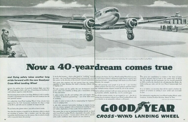 1948 Goodyear Cross Wind Landing Wheel DC3 Airplane Airport Vintage Print Ad C5