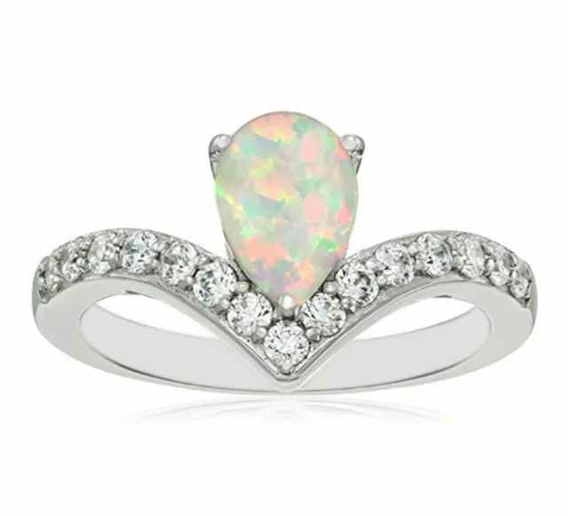 Amazing 1.50CT White Gold Natural Australian Opal & CZ 935 Silver Wedding Ring