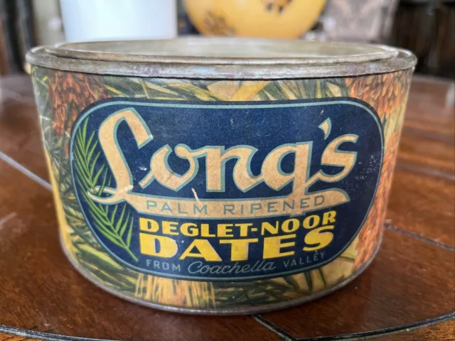 WOW Vtg. Long’s Palm Ripened Deglet-Noor Dates Tin Coachella Valley Pasadena CA!