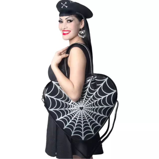 Kreepsville 666 Black Spiderweb Sparkle Heart Purse Bag Handles & Strap NWT Goth