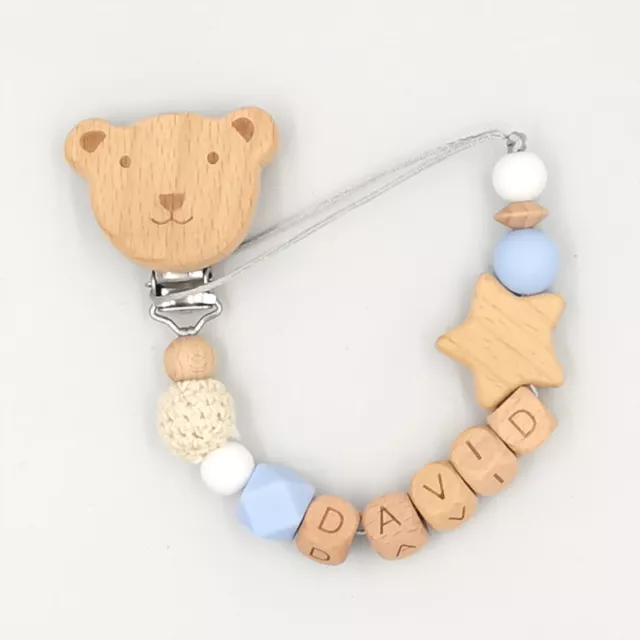 PERSONALISED DUMMY CLIPS Wooden Pacifier Clip Chain Soother Toy Holder