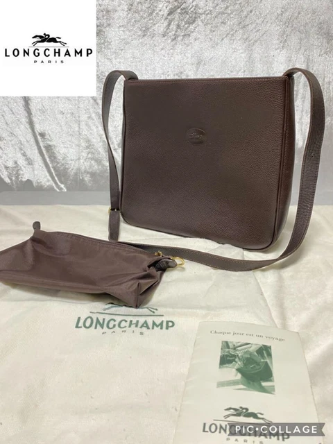 VINTAGE Auth Longchamp Brown Leather Shoulder Crossbody Bag with Mini Pouch