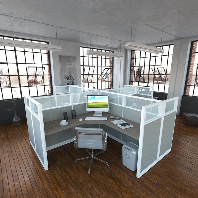 6x6 Cubicles -51″ H- 4 MAN (QUAD) Glazed L Shape Workstations-U
