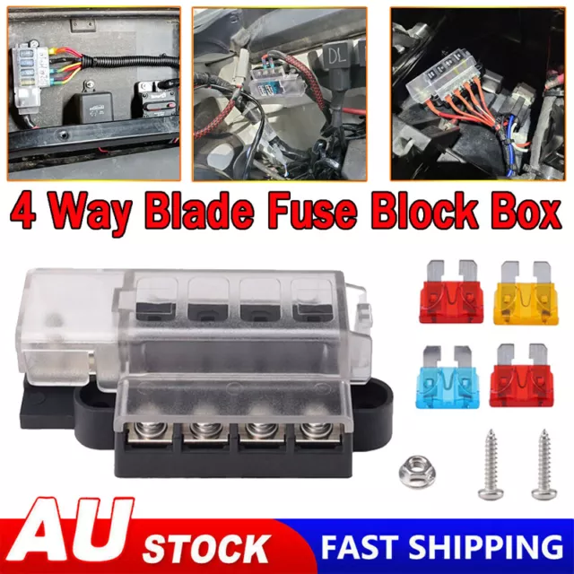 4 Way Circuit Standard Blade Disaster Box Block Holder 12V/24V + Fuses Kit