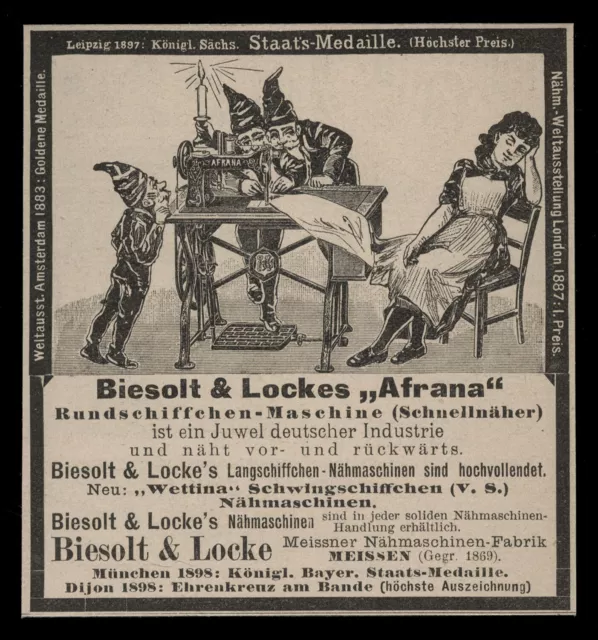 Alte Werbung 1900 Biesolt & Locke Afrana Nähmaschine Schnellnäher Zwerge Zwerg