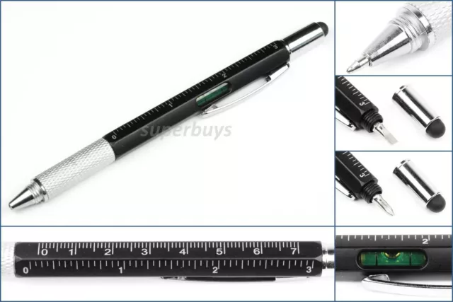 Black 5 in 1 Pen Stylus Ruler Spirit Level Screwdriver Pen Repair Blue Ink Tool