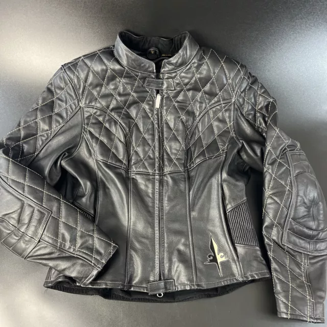 First Gear Quilted Heavy Leather Fleur De Lis Motorcycle Riding Jacket Women Lrg