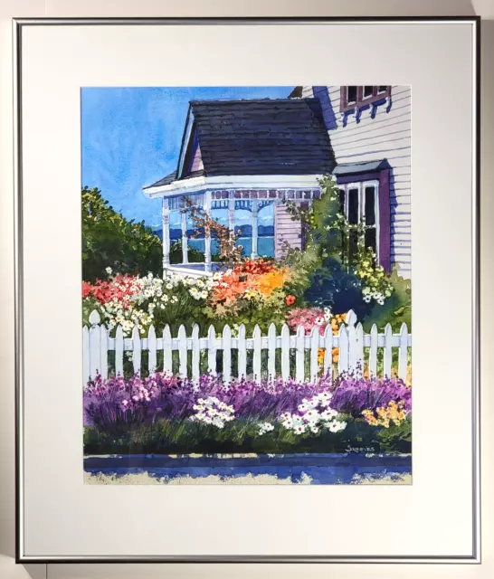 Original Watercolor Seaside Garden Cottage by Joan Reeves, Puget Sound, 21"x25"