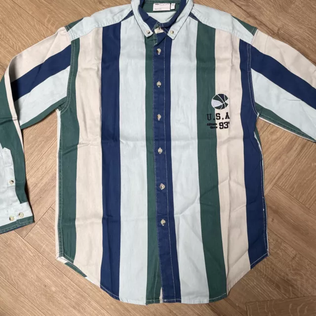 ASOS DESIGN 90’s oversized collegiate stripe twill shirt with basketball size Xs