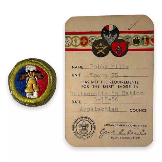 Vintage Boy Scout CITIZENSHIP IN NATION Merit Badge Patch Card 1950s Type E BSA