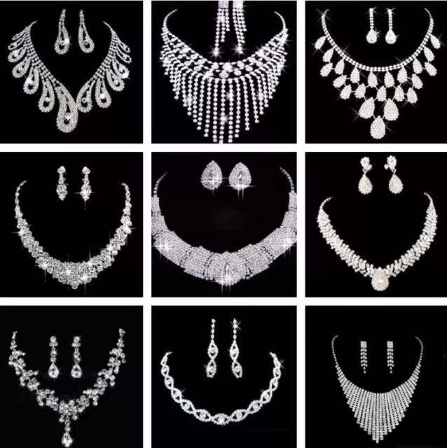 Prom Wedding Party Bridal Jewelry Diamante Crystal Pearl Necklace Earrings Sets